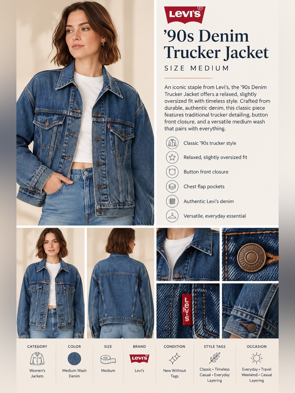 Levi’s ’90s Denim Trucker Jacket Medium Wash NWOT